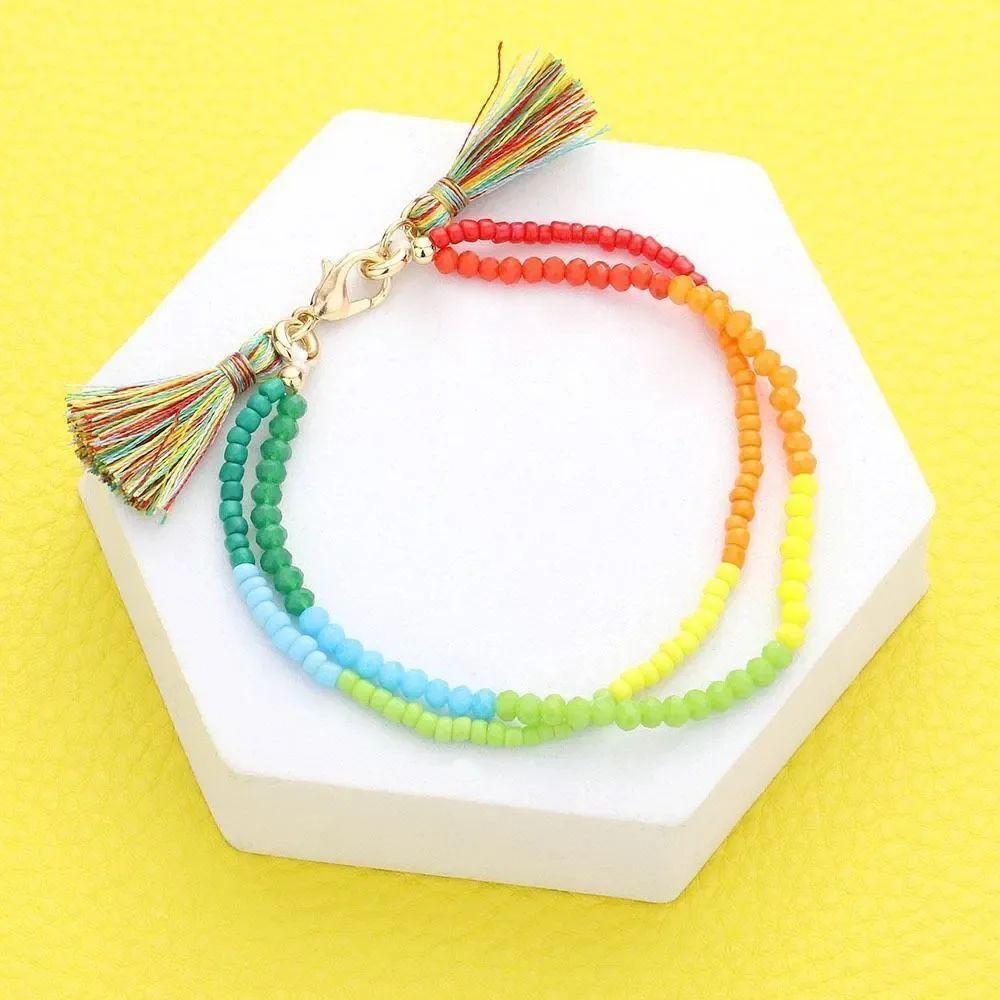 New Womens Boutique Pride Multi-Color Rainbow Colorful Beaded Tassel Bracelet
